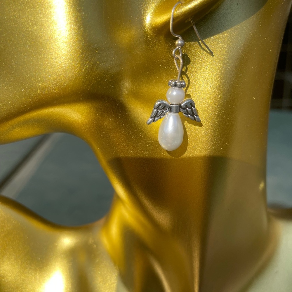 Elegant Silver and Pearl Angel Earrings